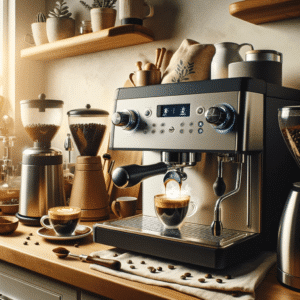 Das Bild zeigt eine gemütliche Kaffeeecke in einer modernen Küche mit einer fortschrittlichen Espressomaschine, auf der zwei frisch gebrühte Tassen Espresso zu sehen sind. Es stellt die Hand eines Baristas dar, der die Einstellungen der Maschine mit Präzision und Sorgfalt anpasst. Zusätzlich sind ein Kaffeemühle, ein Tamper und eine Tüte hochwertiger Kaffeebohnen zu sehen, was die Bedeutung von Konstanz und Qualität bei der Zubereitung eines perfekten Espressos betont. Die Atmosphäre ist warm und einladend und zeigt die Kunst der Espressozubereitung zu Hause.